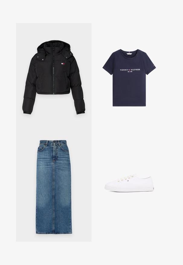 Musta lyhyt toppatakki, jossa on vetoketjukiinnitys, huppu ja elastiset hihansuut. Rinnassa on pieni logo. Sujuva, eristetty kangas.; Laivastonsininen lyhythihainen T-paita, pyöreä kaula-aukko ja valkoinen "Tommy Hilfiger EST. 1985" -teksti sekä logo edessä.; Denimhame, puolipitkä, vaaleansininen pesu, korkea vyötärö, viiden taskun malli, suora mitoitus, haalistunut pinta, näkyvillä ompelutiedoilla.; Valkoinen kanvaakenkä, jossa on kultaiset nauhakkeet, litteät nauhat, teksturoitu kumipohja ja minimoitu brändäys sivussa. Matala profiilinen muotoilu.