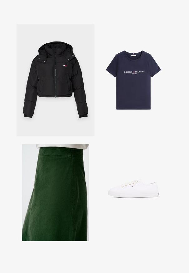 Czarna krótka kurtka puchowa z zamkiem z przodu, kapturem i elastycznymi mankietami. Posiada małe logo na klatce piersiowej. Gładki, ocieplany materiał.; Granatowy T-shirt z krótkim rękawem, okrągłym dekoltem oraz białym napisem "Tommy Hilfiger EST. 1985" i logo na przodzie.; Zielona spódnica z kordurowej tkaniny z pionowym prążkowaniem, charakteryzująca się gładką strukturą i dopasowaną talią, z widocznymi detalami szycia wzdłuż szwów.; Białe płócienne sneakersy z złotymi oczkami, płaskimi sznurowadłami, teksturowaną gumową podeszwą i minimalnym logo po bokach. Niska sylwetka.