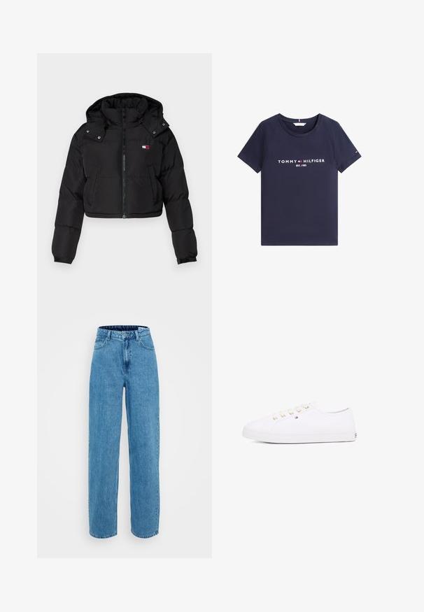 Črna skrajšana puhovka z zadrgo spredaj, kapuco in elastičnimi manšetami. Ima majhen logo na prednjem delu prsnega koša. Gladko, izolativno blago.; Temno modra majica kratkih rokavov z okroglim izrezom in belim napisom ter logotipom "Tommy Hilfiger EST. 1985" spredaj.; Svijetloplavi traperice s visokim strukom i širokim nogavicama, s pet džepova i zatvaranjem na dugme. Mekana tekstura s laganim izbljeđivanjem.; Bela platnena športna obutev z zlatimi očesci, ravnimi vezalkami, teksturiranim gumijastim podplatom in minimalnim blagovnim znakom ob strani. Nizka zasnova.