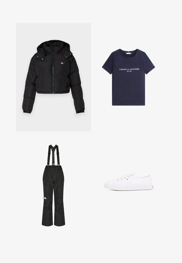Svart kort puffjakke med glidelåsfront, hette og elastiske mansjetter. Har en liten logo på brystområdet. Glatt, isolert stoff.; Marineblå T-skjorte med korte ermer, rund hals og hvit "Tommy Hilfiger EST. 1985"-tekst og logo på forsiden.; Svarte vanntette bukser med justerbare seler som har et logo. Rett ben-design og glatt tekstur for komfort og fleksibilitet.; Hvit lerrets sneakers med gullinnfellinger, flate lisser, teksturert gummisåle og minimal merkevarebygging på siden. Lavprofil design.