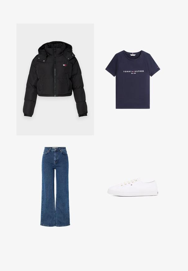 Jachetă puffer cropped neagră cu fermoar frontal, glugă și manșete elastice. Prezentă un mic logo pe zona pieptului. Țesătură netedă, izolată.; Tricou bleumarin cu mâneci scurte, gât rotund și text alb „Tommy Hilfiger EST. 1985” și logo pe față.; Blugi din denim albastru, cu talie înaltă și picioare largi, având un design tradițional cu cinci buzunare, închidere cu nasture metalic și cusături în contrast.; Adidași albi din pânză cu oeți aurii, șireturi plate, talpă din cauciuc texturată și branding minim pe lateral. Design cu profil jos.