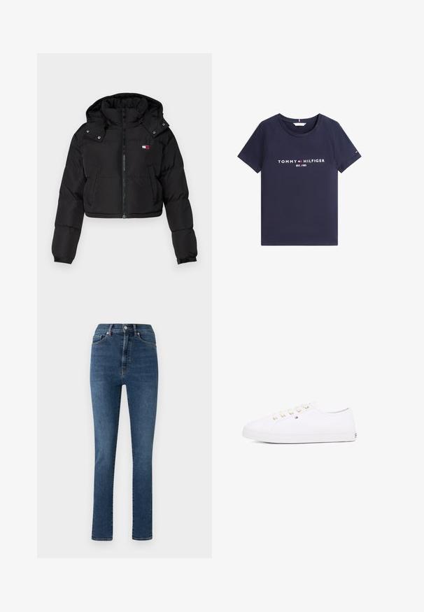Melnā īsā puffa jaka ar rāvējslēdzēju priekšpusē, kapuci un elastīgām aprocēm. Iekļauts neliels logo uz krūšu zonas. Gluda, izolēta auduma.; Tumši zils T-krekls ar īsām piedurknēm, apaļu kakla izgriezumu un baltu uzrakstu "Tommy Hilfiger EST. 1985" ar logotipu priekšpusē.; Zila džinsu bikses ar taisnu kāju griezumu, augstu jostasvietu un klasisku piecu kabatu dizainu. Iekļauj pogu un rāvējslēdzēja aizdari.; Balti kanvas sporta apavi ar zeltītām acīm, plakanām šņorēm, teksturētu gumijas zoli un minimālu zīmolu uz sāniem. Zema profila dizains.