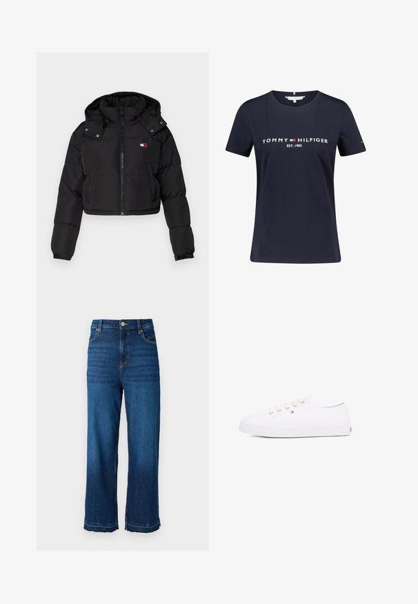 Chaqueta de plumas corta negra con cremallera frontal, capucha y puños elásticos. Presenta un pequeño logotipo en la zona del pecho. Tejido suave e aislante.; Camiseta de algodón azul marino de manga corta, con el texto blanco "TOMMY HILFIGER EST. 1985". Incluye un pequeño acento de logo en la manga.; Jeans de talle alto y pierna ancha hechos de denim azul oscuro. Presentan cinco bolsillos, un cierre de botón y detalles de dobladillo deshilachado en los puños.; Zapatillas de lona blancas con ojales dorados, cordones planos, suela de goma texturizada y un branding mínimo en el lateral. Diseño de perfil bajo.