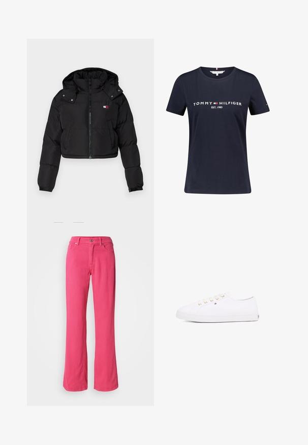 Crni skraćeni puffer jakna s patentnim zatvaračem sprijeda, kapuljačom i elastičnim manžetama. Ima mali logo na području prsa. Glatka, izolirana tkanina.; Tamno plava pamučna majica kratkih rukava s bijelim natpisom "TOMMY HILFIGER EST. 1985". Sadrži mali akcent loga na rukavu.; Ružičaste hlače širokih nogavica od pamuka, s prednjim gumbom, rajsferšlusom i klasičnim dizajnom s pet džepova. Glatka tekstura i regularan kroj.; Bijela platnena tenisica s zlatnim očicama, ravnim vezicama, teksturiranom gumenom potplatom i minimalnim brandom sa strane. Nizak profil dizajna.