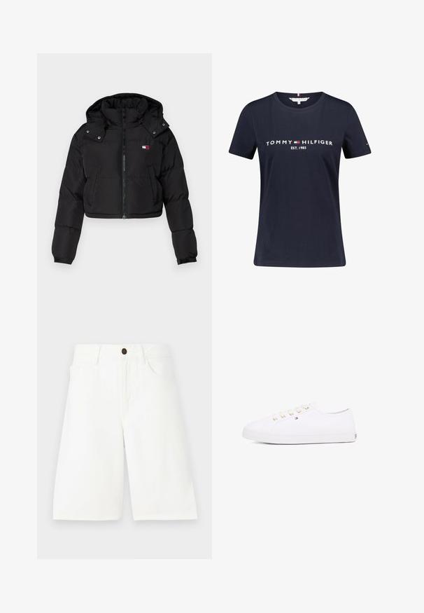 Černá zkrácená péřová bunda se zipem vpředu, kapucí a elastickými manžetami. Na oblasti hrudi se nachází malé logo. Hladká, izolační tkanina.; Námořnická modrá bavlněná tričko s krátkými rukávy, s bílým textem "TOMMY HILFIGER EST. 1985". Obsahuje malý akcent loga na rukávu.; Bílé denimové šortky s rovný střih, designem s pěti kapsami, předním zapínáním na knoflík a jemnými detaily šití. Hladká textura.; Bílé plátěné tenisky s zlatými očka, plochými tkaničkami, texturovanou gumovou podrážkou a minimálním brandingem na boku. Nízko profilový design.