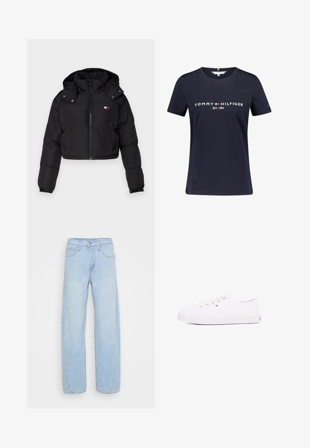 Černá zkrácená péřová bunda se zipem vpředu, kapucí a elastickými manžetami. Na oblasti hrudi se nachází malé logo. Hladká, izolační tkanina.; Námořnická modrá bavlněná tričko s krátkými rukávy, s bílým textem "TOMMY HILFIGER EST. 1985". Obsahuje malý akcent loga na rukávu.; Světle modré široké džíny vyrobené z denimu, s vysokým pasem, pěti kapsami a kontrastním šitím podél švů.; Bílé plátěné tenisky s zlatými očka, plochými tkaničkami, texturovanou gumovou podrážkou a minimálním brandingem na boku. Nízko profilový design.