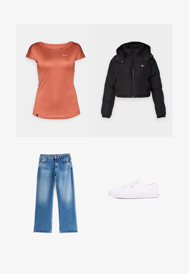 Černá zkrácená péřová bunda se zipem vpředu, kapucí a elastickými manžetami. Na oblasti hrudi se nachází malé logo. Hladká, izolační tkanina.; Tričko v barvě rzi, krátké rukávy, kulatý výstřih, lehká tkanina, na levé části hrudníku malé bílé logo, hladká textura.; Svetlomodré džíny z denimu s volnějším střihem, střední praní, pěti kapsami a přímým zakončením nohavic. Žádné viditelné značení ani vzory.; Bílé plátěné tenisky s zlatými očka, plochými tkaničkami, texturovanou gumovou podrážkou a minimálním brandingem na boku. Nízko profilový design.