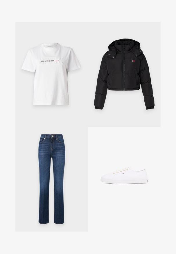 Svart kort puffjakke med glidelåsfront, hette og elastiske mansjetter. Har en liten logo på brystområdet. Glatt, isolert stoff.; Hvit bomull t-skjorte med hevet tekst "LEI MEG MEN JEG ER IKKE LEI MEG" i svart og rødt, korte ermer og rund hals.; Mørkeblå rette denimbukser med middels høyde på livet, knappelukking og front- og baklommer.; Hvit lerrets sneakers med gullinnfellinger, flate lisser, teksturert gummisåle og minimal merkevarebygging på siden. Lavprofil design.