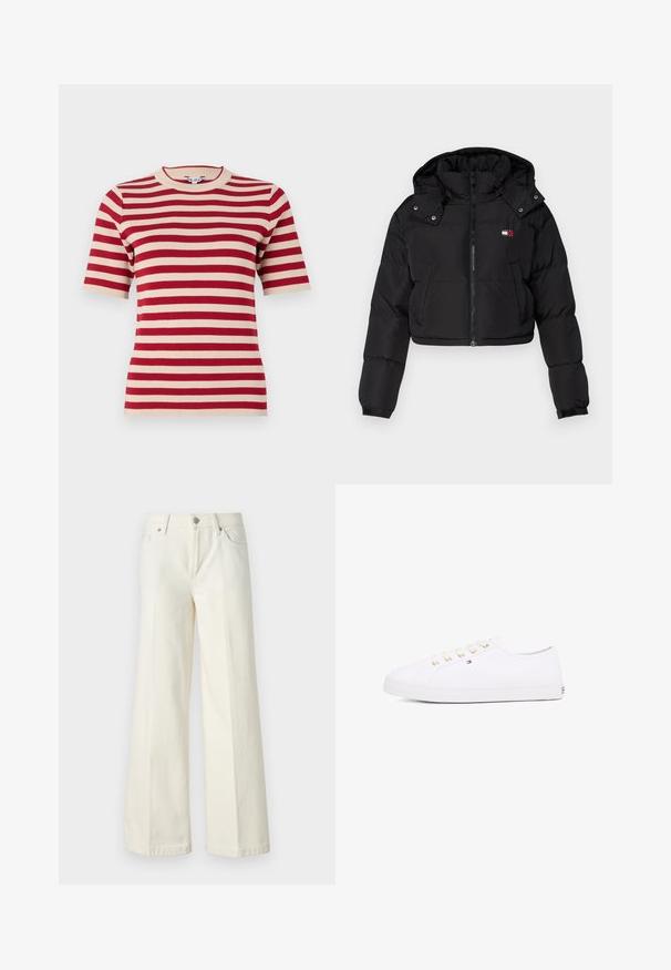 Črna skrajšana puhovka z zadrgo spredaj, kapuco in elastičnimi manšetami. Ima majhen logo na prednjem delu prsnega koša. Gladko, izolativno blago.; Kratka pletena majica s kratkimi rokavi v rdeče-krem črtah, okroglim ovratnikom in rebrasto teksturo. Enakomerno razporejene črte po tkanini.; Široke bele kavbojke so narejene iz mešanice bombaža. Imajo zadrgo, pet žepov in šive vzdolž šivov.; Bela platnena športna obutev z zlatimi očesci, ravnimi vezalkami, teksturiranim gumijastim podplatom in minimalnim blagovnim znakom ob strani. Nizka zasnova.