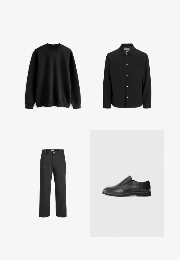 Zwarte wolmix overhemdjacket met twee frontzakken, drukknopen, puntige kraag en lange mouwen. Glad textuur, minimale details.; Next TEXTURE CREW - Sweater - black; Zwarte rechte jeans van katoen, met een klassieke vijf-pocketontwerp, knoopsluiting en subtiele stiksels.; Zwarte leren instapper met een soepele bovenkant, gestikte accenten, ronde neus en een lage rubberen hak. De zool heeft minimale profiel.