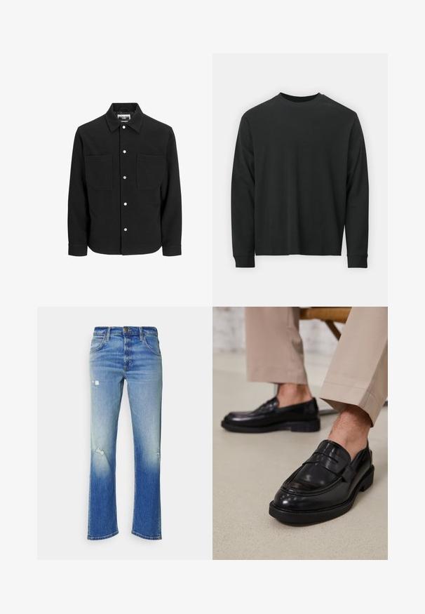 Czarna koszula-kurtka z mieszanki wełny, z dwoma przednimi kieszeniami, zapięciem na zatrzaski, kołnierzykiem w szpic i długimi rękawami. Gładka tekstura, minimalne detale.; Czarna koszulka z długim rękawem, wykonana z bawełny, z okrągłym dekoltem, luźnym krojem i ściągaczami na rękawach. Gładka tekstura bez widocznych wzorów.; Jasnoniebieskie dżinsy z prostą nogawką, z wykończeniami w stylu distressed i stopniowym przejściem od ciemnego do jasnego koloru, z klasycznym pięci pockets designem.; Czarne skórzane mokasyny o gładkim wykończeniu, z dekoracyjnym paskiem i kontrastowym szwem, w połączeniu z beżowymi spodniami.