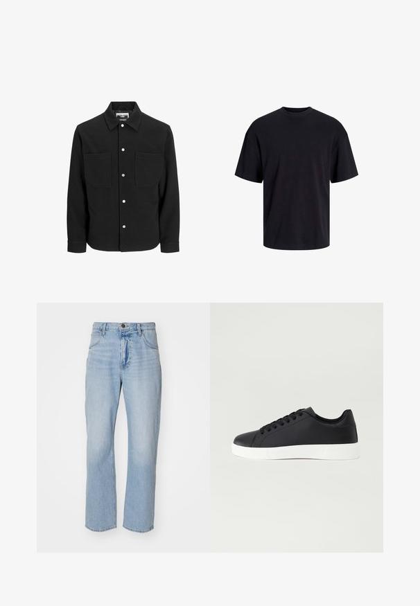 Czarna koszula-kurtka z mieszanki wełny, z dwoma przednimi kieszeniami, zapięciem na zatrzaski, kołnierzykiem w szpic i długimi rękawami. Gładka tekstura, minimalne detale.; Czarna bawełniana koszulka z okrągłym dekoltem, krótkimi rękawami i luźnym krojem. Gładka tekstura, bez widocznych wzorów czy akcentów.; Lee ASHER niebieski denim; Pier One UNISEX czarny
