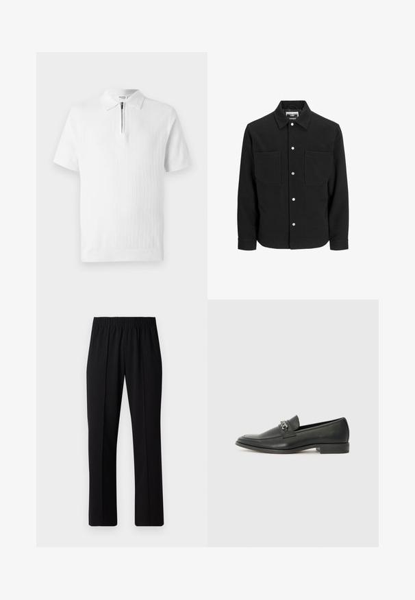 Veste chemise en mélange de laine noire avec deux poches avant, fermeture à bouton-pression, col pointu et manches longues. Texture douce, détails minimalistes.; Polo shirt blanc à manches courtes avec un tricot texturé, doté d'un col zippé et d'un ourlet côtelé. Design épuré adapté à une tenue décontractée.; Pantalons noirs à taille élastique avec une coupe droite, présentant une texture lisse et sans motifs ni éléments visibles.; Mocassin en cuir noir avec une finition lisse, présentant un design cousu et une accent décoratif en chaîne métallique sur le rand. Talon plat.
