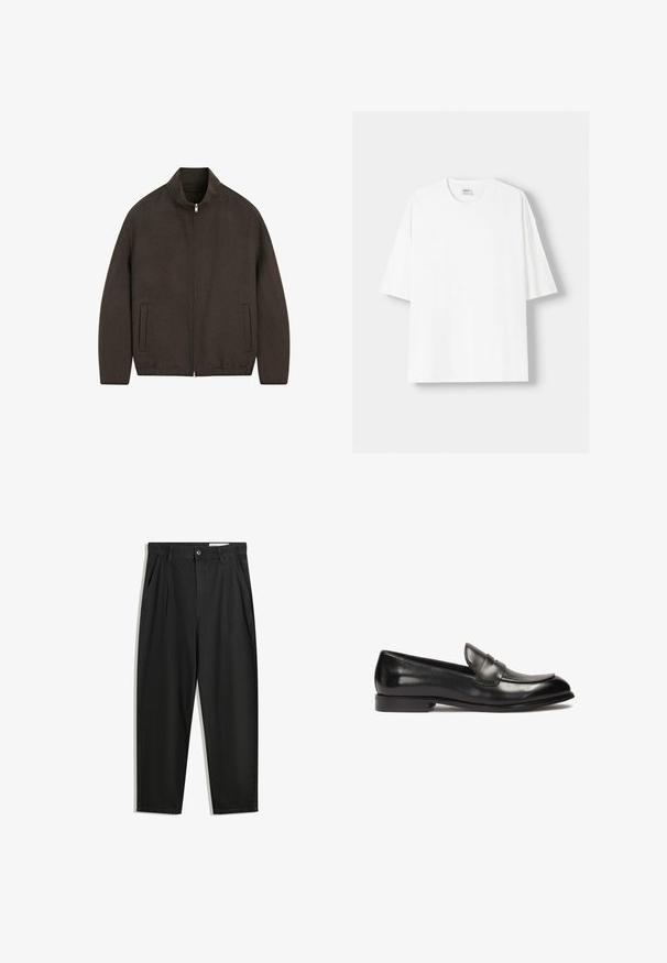 Hnědá bunda s vysokým límcem, zapínáním na zip a dvěma bočními kapsami. Má hladkou texturu a minimalistický design.; Bílá krátkosrstá tričko s krátkým rukávem vyrobené z bavlny, se zaobleným výstřihem a volným střihem. Hladká textura, bez viditelných vzorů nebo akcentů.; Černé bavlněné kalhoty s uvolněným střihem, klasickým pasem, předními záhyby a bočními kapsami. Hladká textura bez vzorů.; Černé kožené mokasíny s nízkým podpatkem, které mají prošitou špičku v moccasin stylu a design předního panelu. Hladký povrch s lesklým finišem.