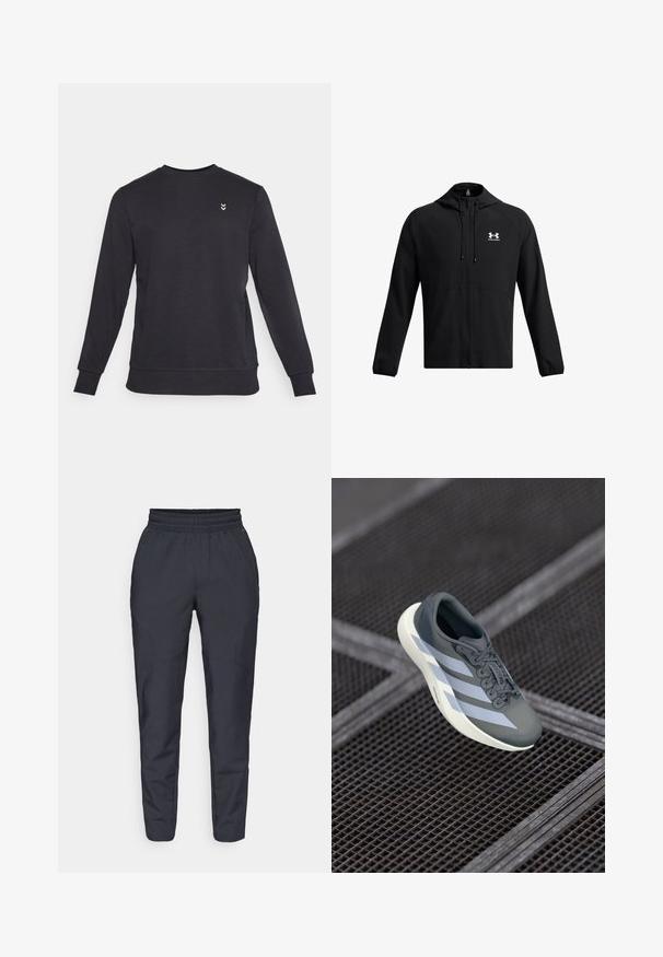 Giacca leggera nera con cappuccio, zip completa e tasche laterali. Presenta un logo bianco sul petto e polsini elastici. Texture liscia.; Felpa nera con collo a giro realizzata in morbido tessuto, con maniche lunghe e polsini a costine. Piccolo logo bianco sul petto.; Pantaloni tapered blu realizzati in tessuto morbido, con elastico in vita, tasche laterali e una texture liscia con dettagli di cucitura discreti.; Scarpa sportiva grigia e bianca, realizzata in materiale sintetico, con un design aerodinamico, finitura testurizzata e sistema di allacciatura prominente.