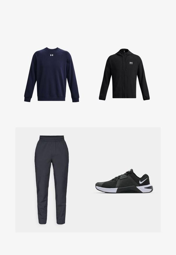 Czarna, lekka kurtka z kapturem, pełnym zamkiem błyskawicznym i bocznymi kieszeniami. Posiada białe logo na klatce piersiowej oraz elastyczne mankiety. Gładka tekstura.; Granatowy sweter z miękkiego materiału, z okrągłym dekoltem, długimi rękawami oraz białym akcentem logo na piersi.; Granatowe tapered spodnie wykonane z miękkiego materiału, z elastyczną talią, kieszeniami bocznymi oraz gładką teksturą z subtelnymi detalami w szwie.; Nike Performance METCON 10 czarny