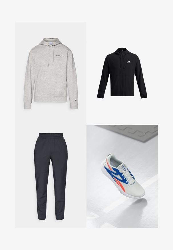 Svart lättviktsjacka med huva, hel dragkedja och sidofickor. Har en vit logotyp på bröstet och elastiska ärmslut. Slät textur.; Grå hoodie med dragsko, känguruficka och broderad logotyp på bröstet. Blandad bomullstyg med ribbstickade ärmar och fåll.; Marina tapered byxor i mjukt tyg, med elastisk midja, sidofickor och en slät yta med subtila sömnadsdetaljer.; Vit sportskor med blå och röda accenter, snörda och svävande över ett ljusgrått golv med en linje och matta i bakgrunden.