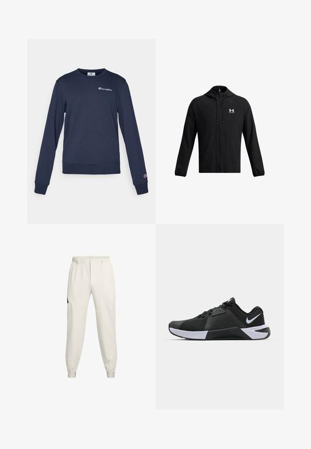 Giacca leggera nera con cappuccio, zip completa e tasche laterali. Presenta un logo bianco sul petto e polsini elastici. Texture liscia.; Felpa blu navy realizzata in misto cotone, con maniche lunghe, colletto a girocollo e un piccolo logo bianco sul petto. Polsini e orlo a coste.; Pantaloni jogger beige chiaro con vita elastica, tasche laterali e polsini a costine; presentano un accento del logo nero sull'anca sinistra.; Nike Performance METCON 10 - Scarpe da allenamento - black/white/anthracite