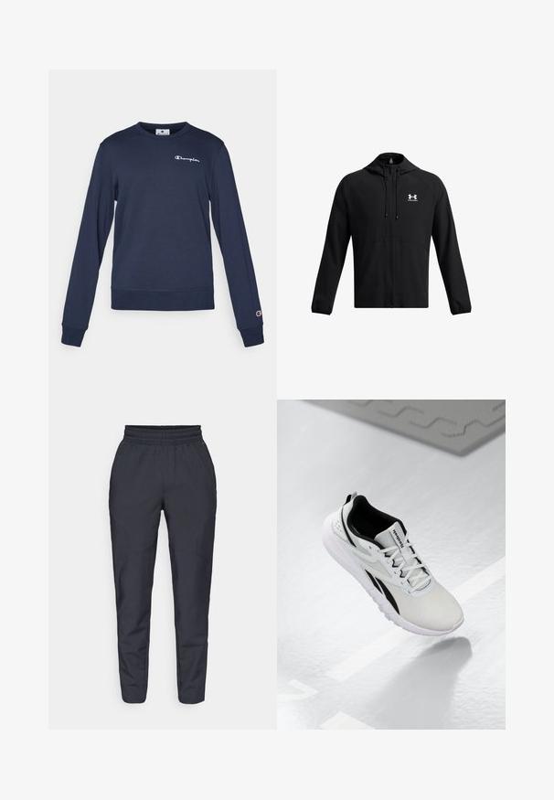 Musta kevyt takki hupulla,ettu täysivetoketju ja sivutaskut. Rinnassa on valkoinen logo ja hihansuissa on joustavat reunat. Suora pinta.; Tummansininen collegepaita, joka on valmistettu puuvillasekoitteesta. Siinä on pitkät hihat, pyöreä kaula-aukko ja pieni valkoinen logo rinnassa. Ribbaatut hihansuut ja helma.; Navy tapered pants yang terbuat dari kain lembut, dilengkapi dengan pinggang elastis, kantong samping, dan tekstur halus dengan detail jahitan yang halus.; Vaaleanharmaat urheilukengät, joissa on mustia yksityiskohtia, teksturoitu verkko-osa, pehmustettu pohja ja nauhakiinnitys. Varressa on vetoavain.