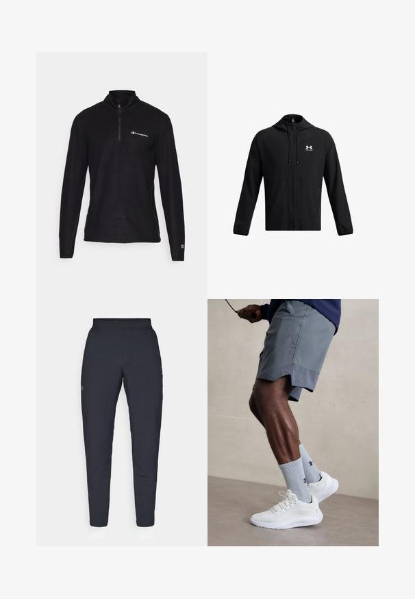 Melna viegla jaka ar kapuci, ar pilnu rāvējslēdzēju un sānu kabatām. Uz krūtīm ir balts logo un elastīgas aproces. Gluda tekstūra.; Melns ceturtdaļas zipa džemperis ar garām piedurknēm, mīksts audums, ar mazāku baltu logo kreisajā krūtīs un piedurkņu detaļām.; Melnas sporta bikses ar gludu tekstūru, šauru piegriezumu, elastīgu jostu un sānu kabatām. Uz kreisā augšstilba ir mazs logs.; Baltas sporta apavu pāris ar strukturētu acs virsu, apvienots ar gaiši zilo riboto zeķu pāri, kurā ir zīmols. Pelēki sporta šorti ar perforētu apdari.