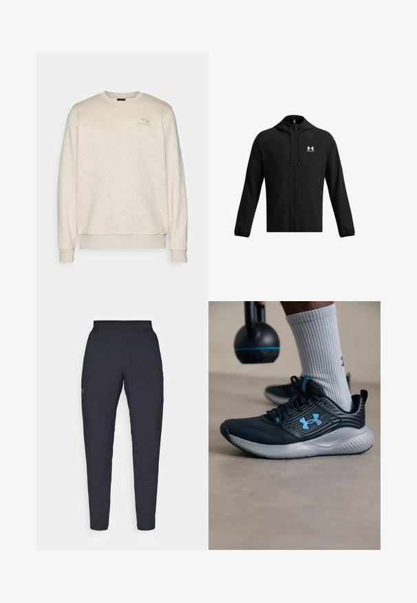 Zwarte lichtgewicht jas met een capuchon, volledige rits en zijzakken. Heeft een wit logo op de borst en elastische manchetten. Glad textuur.; Beige sweatshirt van zacht, textuurstof met een ronde hals, ribgebreide boorden en zoom. Bevat een klein logo op de linkerborst.; Zwarte sportbroeken met een gladde textuur, slanke pasvorm, elastische tailleband en zijzakken. Bevat een klein logo op het linkerdij.; Zwarte sportschoen met blauwe accenten, gestructureerde bovenkant en grijze zool. Draagt met grijze geribbelde sokken, naast een zwarte kettlebell.