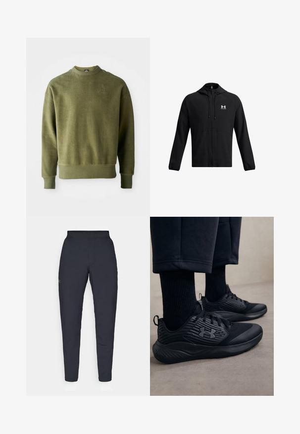 Svart lett jakke med hette, hel glidelås og sidelommer. Har en hvit logo på brystet og elastiske mansjetter. Jevn tekstur.; Oliven grønn sweatshirt med teksturert finish, lange ermer, ribbestrikkede mansjetter og kant, og subtil brodert detalj på brystet.; Sorte treningbukser med glatt tekstur, smal passform, elastisk midjebånd og sidelommer. Har en liten logo på venstre lår.; Person som har på seg svarte treningssneakers med teksturerte sider og logo, kombinert med svarte sokker og cropped bukser på et lyst gulv.