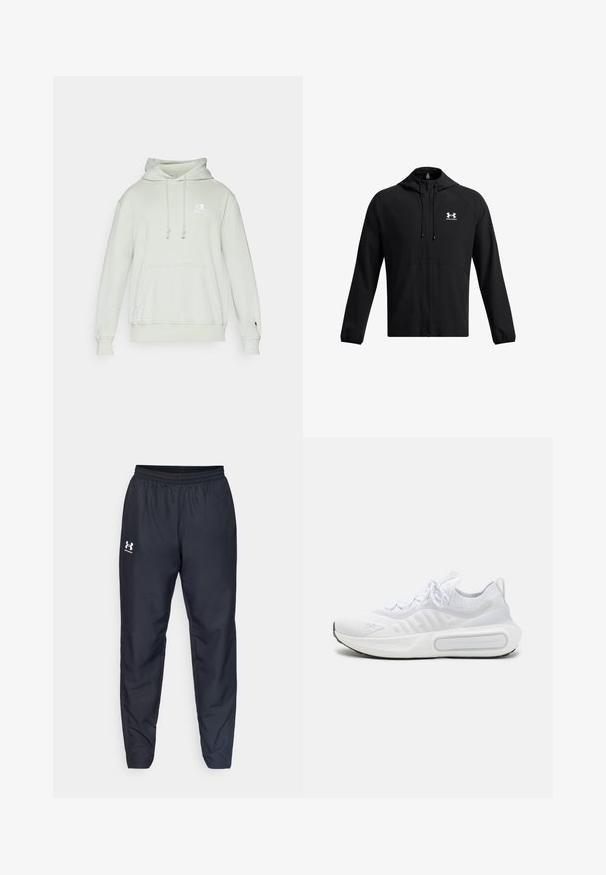 Svart lett jakke med hette, hel glidelås og sidelommer. Har en hvit logo på brystet og elastiske mansjetter. Jevn tekstur.; Lysegrønn hettegenser laget av myk stoff med snor i hetten, frontlomme og brodert logo på brystet. Ribbestrikkede mansjetter og kant.; Sorte treningbukser med elastisk midje, innsnevrede ben og en hvit logo på siden. Laget av lett, slitesterkt stoff.; Hvit atletisk sko med et teksturert strikket overdel, snøring, polstret såle og et distinkt merkeelement på siden.