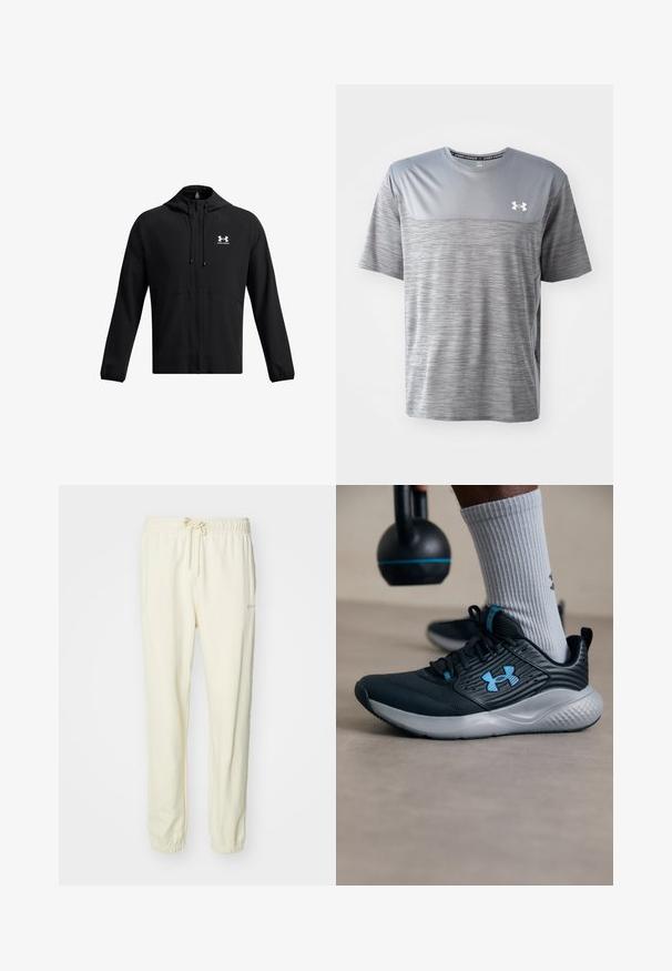 Jaqueta leve preta com capuz, fecho de correr completo e bolsos laterais. Apresenta um logo branco no peito e punhos elásticos. Textura suave.; T-shirt atlético cinza feito de tecido respirável. Apresenta um painel superior suave, um corpo inferior texturizado e o logótipo da Under Armour no peito.; Calças de moletom de cor creme com um cós elástico e cordão, apresentando tornozelos com punho e um design minimalista.; Sapatilha atlética preta com detalhes em azul, parte superior texturizada e sola cinza. Usada com meias caneladas cinza, ao lado de um kettlebell preto.