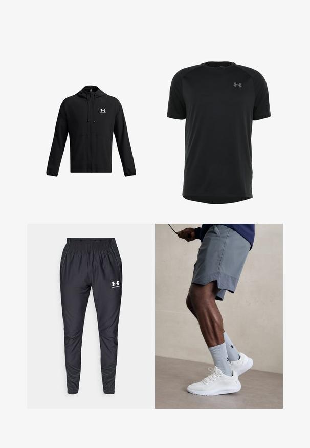 Czarna, lekka kurtka z kapturem, pełnym zamkiem błyskawicznym i bocznymi kieszeniami. Posiada białe logo na klatce piersiowej oraz elastyczne mankiety. Gładka tekstura.; Czarna krótka koszulka sportowa z krótkim rękawem, wykonana z gładkiego, lekkiego materiału. Posiada okrągły dekolt i dyskretną grafikę na piersi.; Under Armour - Spodnie treningowe; Białe buty sportowe z teksturowaną siateczkową cholewką, zestawione z jasnoniebieskimi skarpetkami prążkowanymi z logo. Szare szorty sportowe z perforowanym wykończeniem.