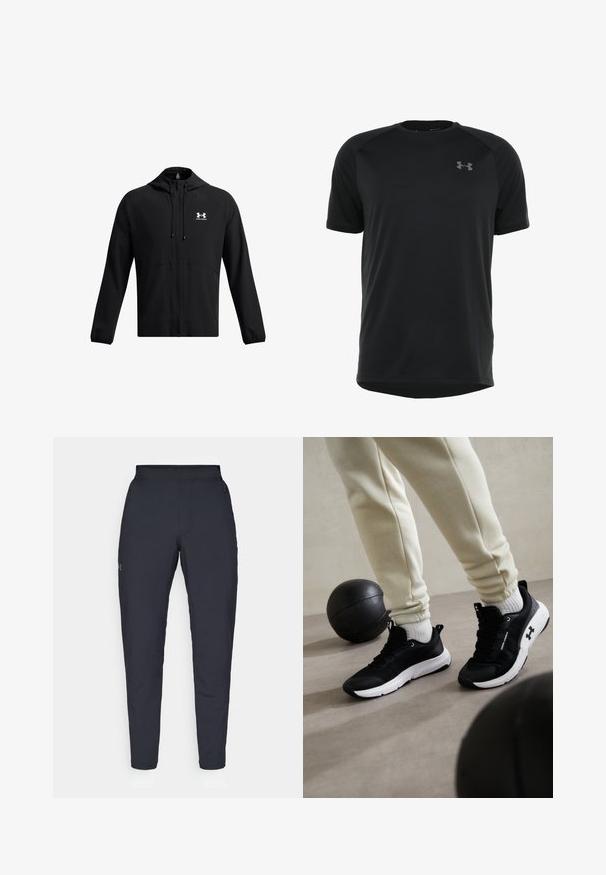 Chaqueta ligera negra con capucha, cierre completo y bolsillos laterales. Presenta un logo blanco en el pecho y puños elásticos. Textura suave.; Camiseta atlética negra de manga corta, hecha de una tela suave y ligera. Presenta un cuello redondeado y un logo discreto en el pecho.; Pantalones deportivos negros con una textura suave, corte ajustado, cinturilla elástica y bolsillos laterales. Presentan un pequeño logo en el muslo izquierdo.; Zapatillas deportivas negras con suela blanca, presentan una parte superior texturizada y un sistema de cordones. Acompañadas de pantalones de chándal color crema y un balón de baloncesto negro.