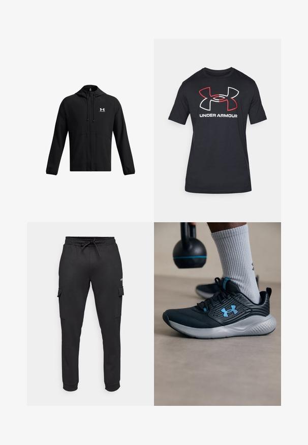 Black lightweight jacket with a hood, full zipper, and side pockets. Features a white logo on the chest and elastic cuffs. Smooth texture.; Black short-sleeve t-shirt made from lightweight fabric featuring a large red and white Under Armour logo on the front.; Jack & Jones Performance JPSTGORDON JJBASIC ICE CARGO PANTS - Trousers - black; Black athletic shoe with blue accents, textured upper, and gray sole. Worn with gray ribbed socks, beside a black kettlebell.