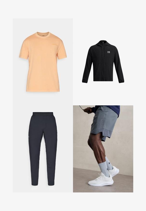 Črna lahka jakna s kapuco, polnim zadrgo in stranskimi žepi. Ima bel logotip na prsih in elastične manšete. Gladka tekstura.; Majica s kratkimi rokavi iz svetlo breskovega bombaža, z okroglo izrezom in diskretnim logotipom na prsih, z mehkobo in gladko teksturo.; Črne atletske hlače z gladko teksturo, ožjega kroja, elastičnim pasom in stranskimi žepi. Imajo majhen logotip na levem stegnu.; Bela športna obutev z zgornjim delom iz teksturirane mreže, kombinirana z svetlo modrimi rebrastimi nogavicami z logotipom. Sivi športni šortsi s perforiranim robom.