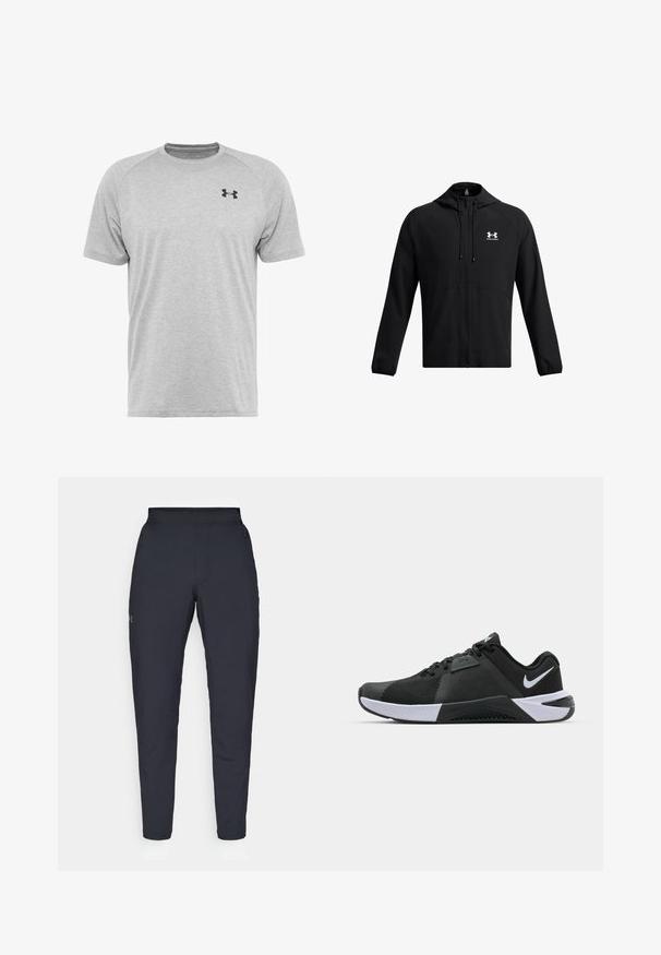 Zwarte lichtgewicht jas met een capuchon, volledige rits en zijzakken. Heeft een wit logo op de borst en elastische manchetten. Glad textuur.; Grijze sportshirt met korte mouwen, gemaakt van een lichtgewicht stof. Beschikt over een zwart logo op de borst en raglanmouwen voor gemakkelijke beweging.; Zwarte sportbroeken met een gladde textuur, slanke pasvorm, elastische tailleband en zijzakken. Bevat een klein logo op het linkerdij.; Nike Performance METCON 10 - Trainingsschoen - black/white/anthracite