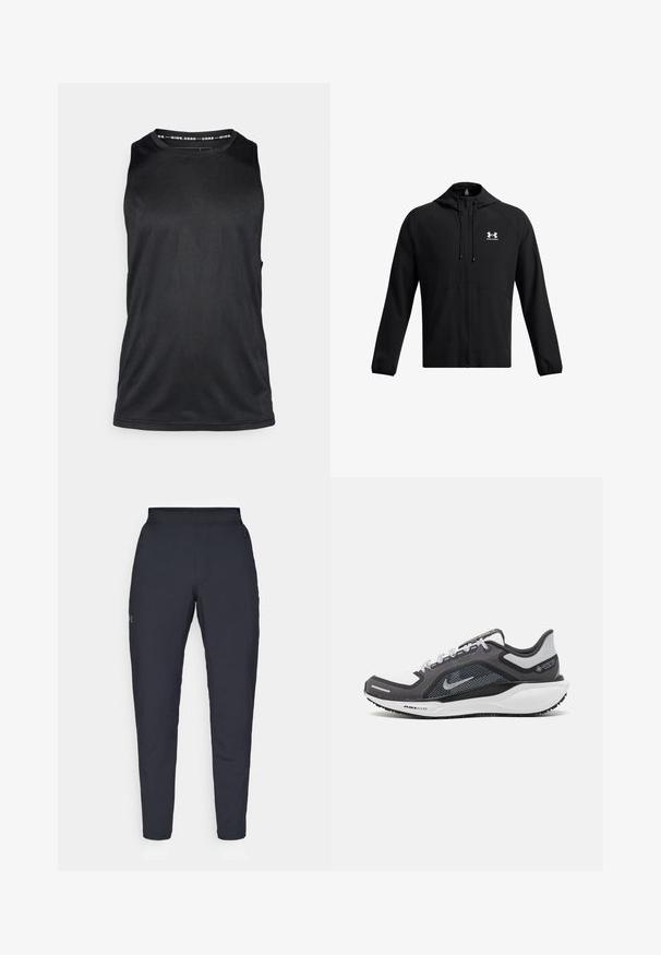 Musta kevyt takki hupulla,ettu täysivetoketju ja sivutaskut. Rinnassa on valkoinen logo ja hihansuissa on joustavat reunat. Suora pinta.; Musta hihaton urheilullinen tank-top, valmistettu sileästä ja kevyestä kankaasta, jossa on pyöreä pääntie ja minimalistinen muotoilu ilman koristeita.; Mustat urheiluhousut, joissa on sileä pinta, kapea malli, joustava vyötäkuja ja sivutaskut. Vasemmassa reisissä on pieni logo.; Musta ja harmaa urheilukenka, jossa on verkkopäällinen, heijastavat yksityiskohdat ja valkoinen välipohja. Varustettu kuvioidulla kumipohjalla ja nauhoilla.