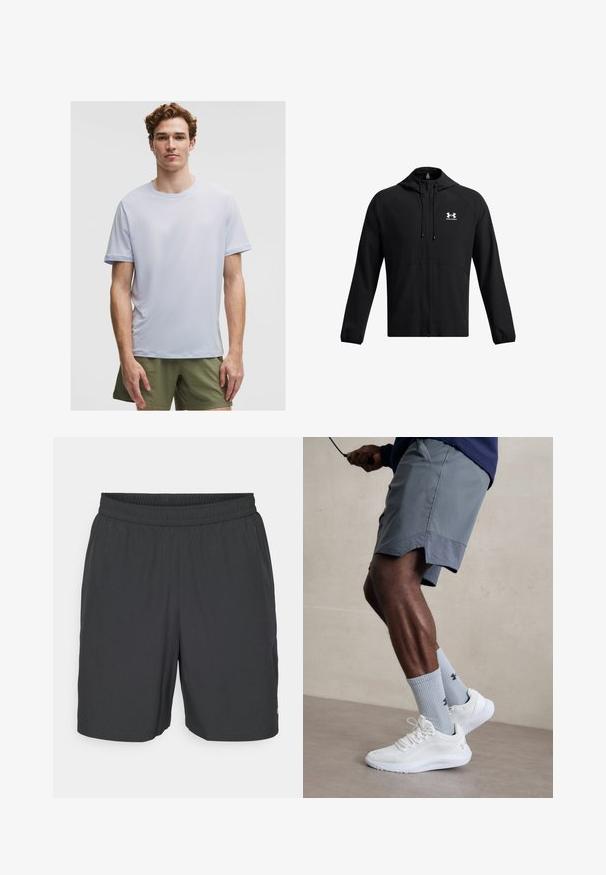 Črna lahka jakna s kapuco, polnim zadrgo in stranskimi žepi. Ima bel logotip na prsih in elastične manšete. Gladka tekstura.; Svetlo modra kratka športna majica z lahkotnim materialom. Ima okroglo ovratnico in gladko teksturo z minimalnimi šivi.; Champion TRAINING SHORTS - Športne kratke hlače - black; Bela športna obutev z zgornjim delom iz teksturirane mreže, kombinirana z svetlo modrimi rebrastimi nogavicami z logotipom. Sivi športni šortsi s perforiranim robom.