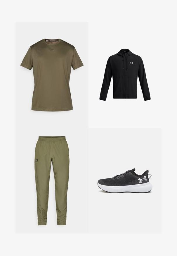 Sort letvægtsjakke med hætte, fuld lynlås og sidelommer. Udstyret med et hvidt logo på brystet og elastiske manchetter. Glat overflade.; Oliven grøn kortærmet t-shirt lavet af glat stof. Har en rund hals og et diskret logo på brystet, med et enkelt og strømlinet design.; Olivenfarvede træningsbukser med elastisk talje, tapered ben, en glat tekstur og et lille sort logo på venstre side.; Sorte atletik sko med en struktureret mesh-overdel, hvid dæmpende sål og sorte snørebånd, der har et fremtrædende hvidt logo på hælen.