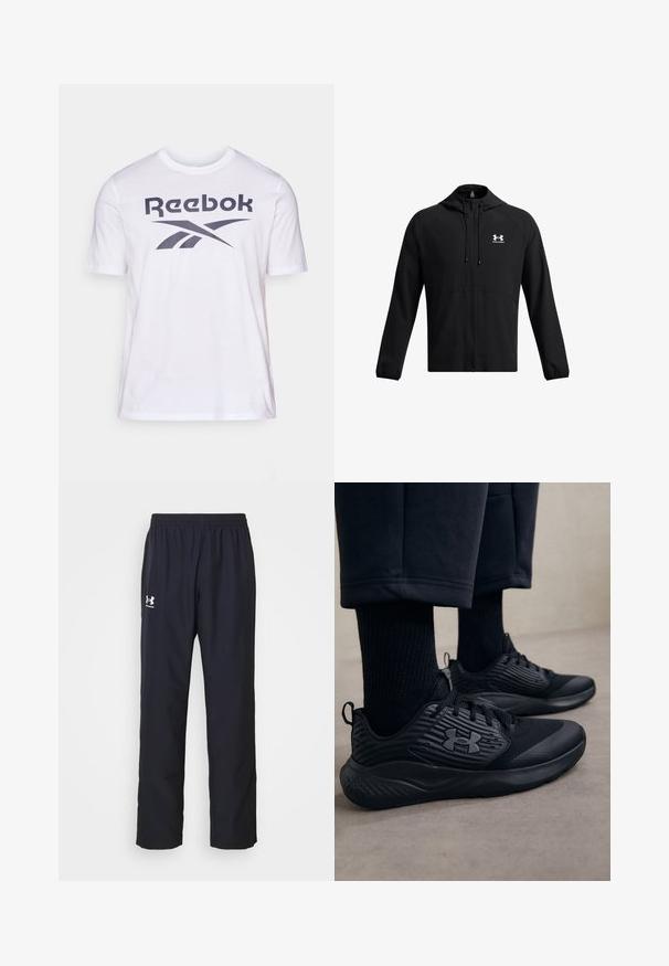 Sort letvægtsjakke med hætte, fuld lynlås og sidelommer. Udstyret med et hvidt logo på brystet og elastiske manchetter. Glat overflade.; Hvid Reebok T-shirt med et stort mørkegråt logo og grafisk design over brystet. Lavet af blødt bomuldsmateriale, kortærmet.; Sorte træningsbukser lavet af syntetisk materiale, med elastisk talje og Under Armour-logoet i hvidt på venstre lår.; Person iført sorte atletiske sneakers med teksturerede sider og logo, parret med sorte sokker og cropped bukser på et lyst gulv.
