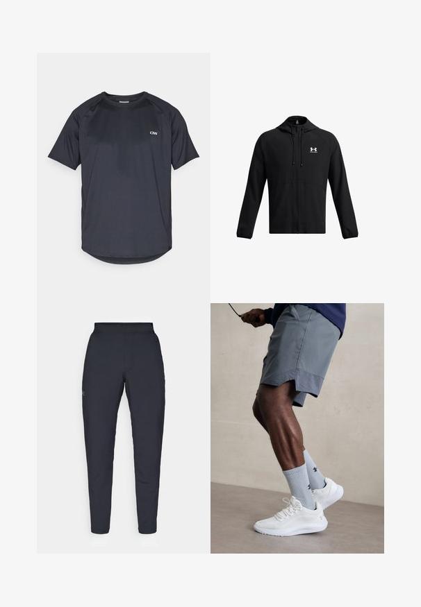 Svart lett jakke med hette, hel glidelås og sidelommer. Har en hvit logo på brystet og elastiske mansjetter. Jevn tekstur.; Mørkegrå trenings t-skjorte, kortermet, rund hals, laget av lett, pustende stoff med en subtil mesh tekstur og logo aksent.; Sorte treningbukser med glatt tekstur, smal passform, elastisk midjebånd og sidelommer. Har en liten logo på venstre lår.; Hvite treningssko med teksturert mesh-overdel, kombinert med lyseblå ribbestrikkede sokker med logo. Grå treningsshorts med perforert kant.