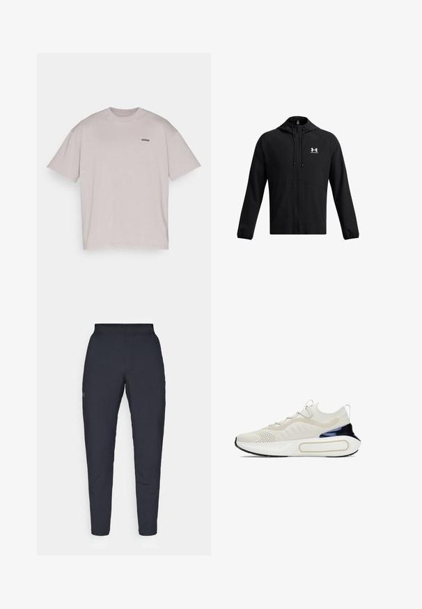 Musta kevyt takki hupulla,ettu täysivetoketju ja sivutaskut. Rinnassa on valkoinen logo ja hihansuissa on joustavat reunat. Suora pinta.; Under Armour LOGO WASH - T-paita - tetra gray/white; Mustat urheiluhousut, joissa on sileä pinta, kapea malli, joustava vyötäkuja ja sivutaskut. Vasemmassa reisissä on pieni logo.; Valkoiset tennarit, joissa on teksturoitu neulepäällinen, rei'itetty yksityiskohtia ja kiiltävä tummansininen korostus kannassa. Varustettu pehmustetulla valkoisella pohjalla.