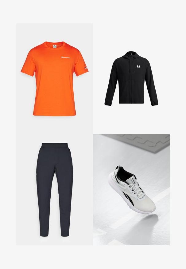 Melna viegla jaka ar kapuci, ar pilnu rāvējslēdzēju un sānu kabatām. Uz krūtīm ir balts logo un elastīgas aproces. Gluda tekstūra.; Champion ICONS CREWNECK WITH SMALL LOGO - Apdrukāts T-krekls - orange; Melnas sporta bikses ar gludu tekstūru, šauru piegriezumu, elastīgu jostu un sānu kabatām. Uz kreisā augšstilba ir mazs logs.; Gaišpelēka sporta apava ar melniem akcentiem, strukturēta sieta augšdaļa, mīkstināta zole un auklu aizdare. Iekļauj papēža vilkšanas cilpu.