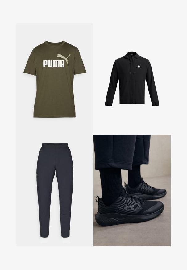 Μαύρο ελαφρύ τζάκετ με κουκούλα, πλήρη φερμουάρ και πλαϊνές τσέπες. Διαθέτει λευκό λογότυπο στο στήθος και ελαστικούς μανσέτες. Λείο υλικό.; Ελαιόλαδο πράσινη βαμβακερή μπλούζα με κοντά μανίκια που διαθέτει μεγάλο λευκό λογότυπο "PUMA" και γραφικό με έναν πηδηχτό πούμα στον αριστερό ώμο. Με στρογγυλή λαιμόκοψη.; Μαύρο αθλητικό παντελόνι με λεία υφή, στενή εφαρμογή, ελαστική μέση και πλαϊνές τσέπες. Διαθέτει ένα μικρό λογότυπο στον αριστερό μηρό.; Άτομο που φορά μαύρα αθλητικά παπούτσια με υφασμάτινες πλευρές και λογότυπο, συνδυασμένα με μαύρες κάλτσες και κοντά παντελόνια σε ανοιχτό δάπεδο.