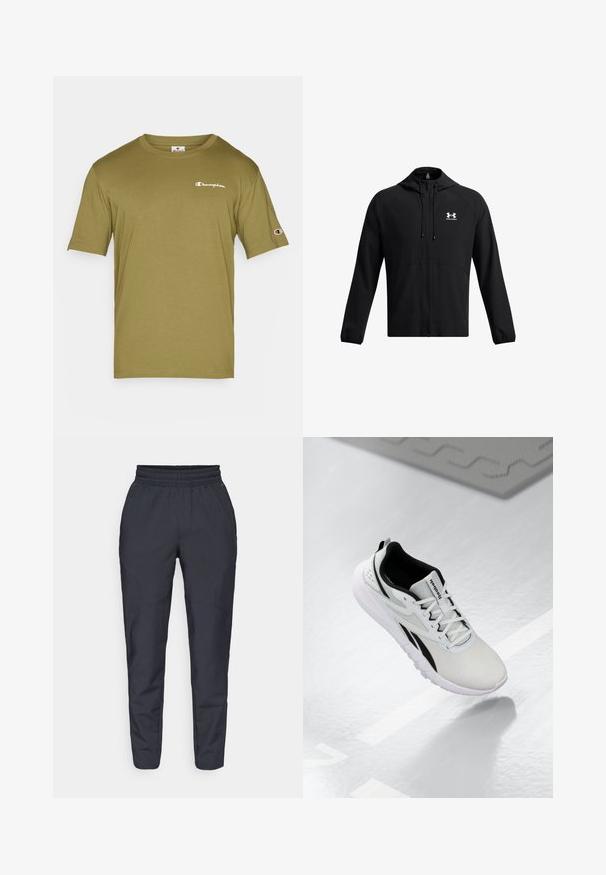 Svart lett jakke med hette, hel glidelås og sidelommer. Har en hvit logo på brystet og elastiske mansjetter. Jevn tekstur.; Champion ICONS CREWNECK WITH SMALL LOGO - T-shirts med print - olive; Marinebukser i tapered snit lavet af blødt materiale, med elastisk talje, sidelommer og en glat tekstur med diskrete syninger.; Lys grå sportsko med sorte detaljer, teksturert mesh-overdel, dempet såle og snøring. Har en hæloppdragingsløkke.