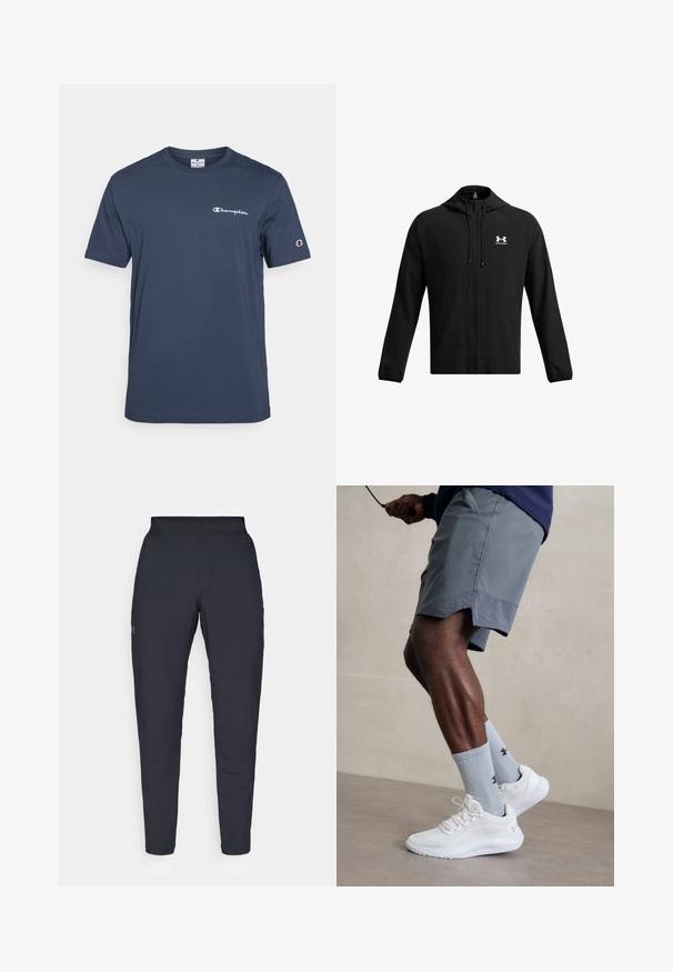 Must värviga kerge jakk kapuutsiga, täispikkalukuga ja küljetaskutega. Ees on valge logo ning varrukatel on elastsed äärised. Sujuv tekstuur.; Tumedat sinise värvi lühikeste varrukatega t-särk, mis on valmistatud puuvillast, ümarate kaelustega ning millel on valge "Champion" logo rinnal ja varrukal.; Mustad mustreid spordipüksid, millel on sile tekstuur, kitsas lõige, elastne vöökoht ja küljetaskud. Vasakule reiele on tikandatud väike logo.; Valged spordijalatsid tekstuurse võrguga pealispinnaga, millele on lisatud helesinised ribakujulised sokid logoga. Hallid spordilühikesed püksid, millel on perforeeritud ääred.