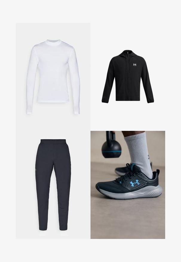 Giacca leggera nera con cappuccio, zip completa e tasche laterali. Presenta un logo bianco sul petto e polsini elastici. Texture liscia.; Camicia bianca a maniche lunghe realizzata in tessuto leggero e morbido. Presenta un collo rotondo e un design aderente con costruzione senza cuciture.; Pantaloni sportivi neri con una texture liscia, vestibilità slim, vita elastica e tasche laterali. Presentano un piccolo logo sulla coscia sinistra.; Scarpone sportivo nero con accenti blu, tomaia testurizzata e suola grigia. Indossato con calzini grigi a costine, accanto a un kettlebell nero.