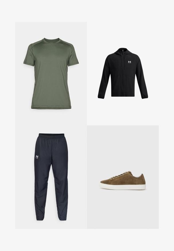 Schwarze leichte Jacke mit Kapuze, durchgehendem Reißverschluss und Seitentaschen. Mit einem weißen Logo auf der Brust und elastischen Bündchen. Glatte Textur.; Kurzarm-Sportshirt in Olivgrün, aus glattem, leichtem Stoff; mit rundem Ausschnitt und minimaler Nahtgestaltung.; Schwarze Sporthosen mit elastischem Bund, schmal zulaufenden Beinen und einem weißen Logo an der Seite. Hergestellt aus leichtem, strapazierfähigem Stoff.; Braune Wildledersneaker mit abgerundetem Fuß, weißer Gummisohle und Schnürung. Verfügt über dezente Nähte und ein flaches Design.