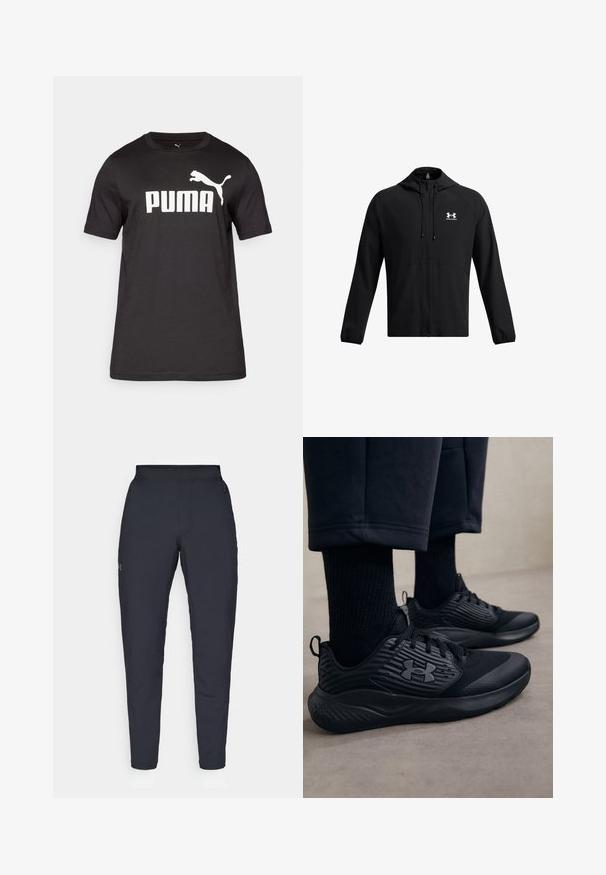 Čierna ľahká bunda s kapucňou, plným zipsom a bočnými vreckami. Má biele logo na hrudi a elastické manžety. Hladká textúra.; Čierne bavlnené tričko s bielym logom "PUMA" a grafikou skáčucej pumy na hrudníku. Krátke rukávy a okrúhly výstrih.; Čierne športové nohavice s hladkým povrchom, priliehavým strihom, elastickým pásom a bočnými vreckami. Obsahujú malé logo na ľavom stehne.; Osoba v čiernych atletických teniskách s textúrovanými bokmi a logom, v doplnku s čiernymi ponožkami a skrátenými nohavicami na svetlej podlahe.