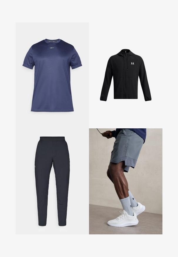 Čierna ľahká bunda s kapucňou, plným zipsom a bočnými vreckami. Má biele logo na hrudi a elastické manžety. Hladká textúra.; Námornícky modré športové tričko s krátkym rukávom vyrobené z hladkej, elastickej tkaniny. Má okrúhly výstrih a diskrétne logo na hrudi.; Čierne športové nohavice s hladkým povrchom, priliehavým strihom, elastickým pásom a bočnými vreckami. Obsahujú malé logo na ľavom stehne.; Biele atletické topánky s textúrovaným sieťovinovým zvrškom, v kombinácii so svetlomodrými rebrovanými ponožkami s logom. Šedé atletické šortky s perforovaným lemem.