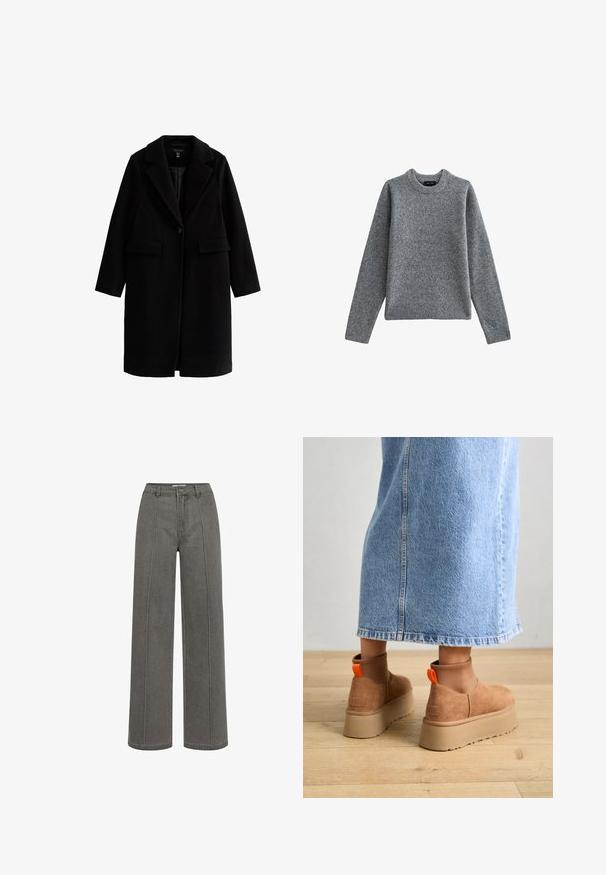 Svart kappa med en strukturerad design, med slagkrage, enkel knappstängning och två framfickor. Slät textur, knälång.; Grå stickad tröja, rundhalsad, med långa ärmar, tillverkad av mjuk ullblandning, med ribbade manschetter och fåll, med en medelstrukturerad finish.; Sofie Schnoor Jeans straight leg - grey denim; Bruna mockakängor med plattform och elastiska sidopaneler samt orange dragflikar, till kombinerade med en knälång ljus denimkjol på ett trägolv.