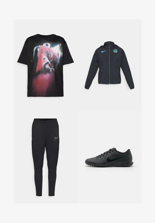 Chaqueta cortavientos negra con capucha, con un logo de Nike azul y el emblema del Inter de Milán, cierre con cremallera y bolsillos laterales.; Camiseta de algodón negra con un diseño gráfico de un jugador con una camiseta roja que lleva el texto "JORDAN" y el número "23", con un efecto de diseño desgastado.; Pantalones deportivos negros hechos de tejido ligero, con cinturilla elástica, diseño ajustado y un logo blanco de Nike en el muslo.; Botas de fútbol negras con parte superior sintética texturizada, diseño curvado, suela negra y logotipo de Nike en color azul verdoso en el costado. Cierre con cordones.