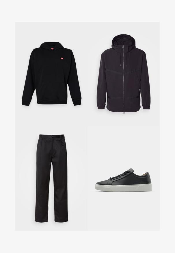 Giacca nera con cappuccio, realizzata in materiale leggero, dotata di zip frontale, polsini elasticizzati e dettagli con righe orizzontali.; Felpa nera in misto cotone, con tasca frontale e cappuccio regolabile con cordino. Presenta un piccolo logo rosso "DIESEL" sul petto.; Pantaloni neri realizzati in tessuto morbido, con chiusura frontale a bottone, pieghe e gambe dritte. Nessun motivo o accento visibile.; Sneaker in pelle nera con una texture liscia, punta rotonda e lacci neri. Presenta una suola in gomma bianca spessa con sottili accenti geometrici.